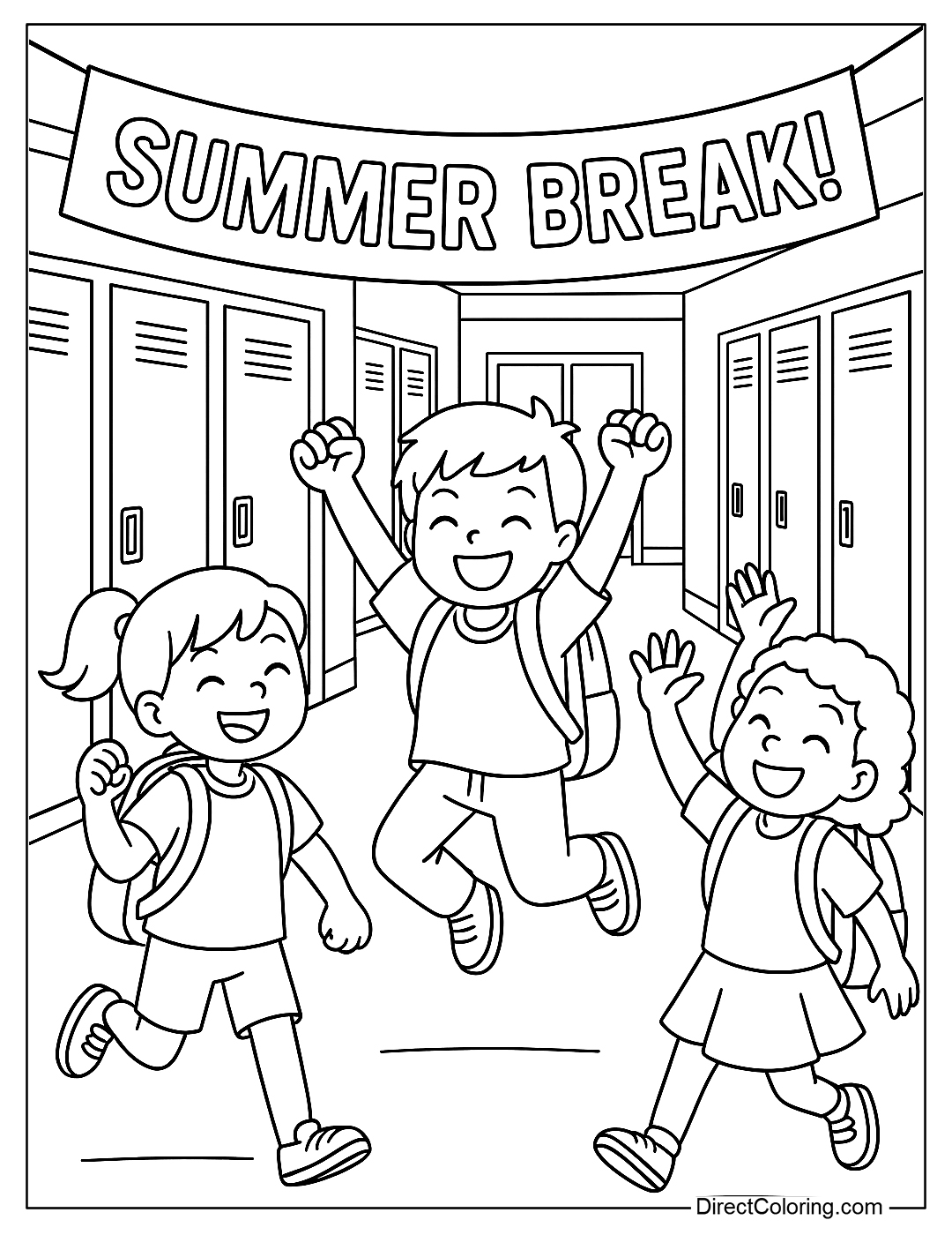 A last day of school coloring page showing a school hallway with lockers, a “Summer Break!” banner